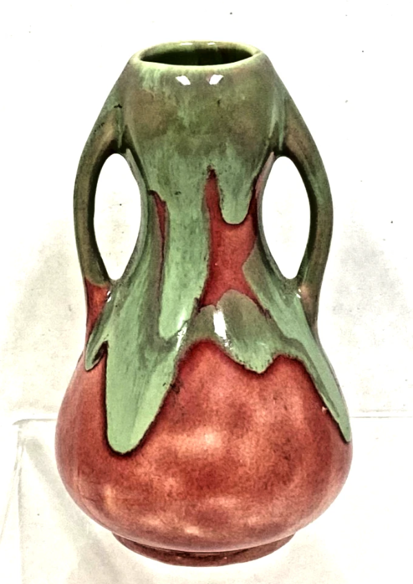 Metlox Vintage Double Handle Bud Vase 4.375" — Green Red Pink Glaze | Excellent Condition | Rare Collectible