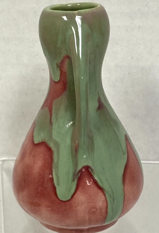Metlox Vintage Double Handle Bud Vase 4.375" — Green Red Pink Glaze | Excellent Condition | Rare Collectible